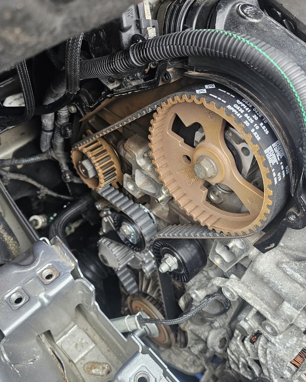 Timing belt replacement in progress